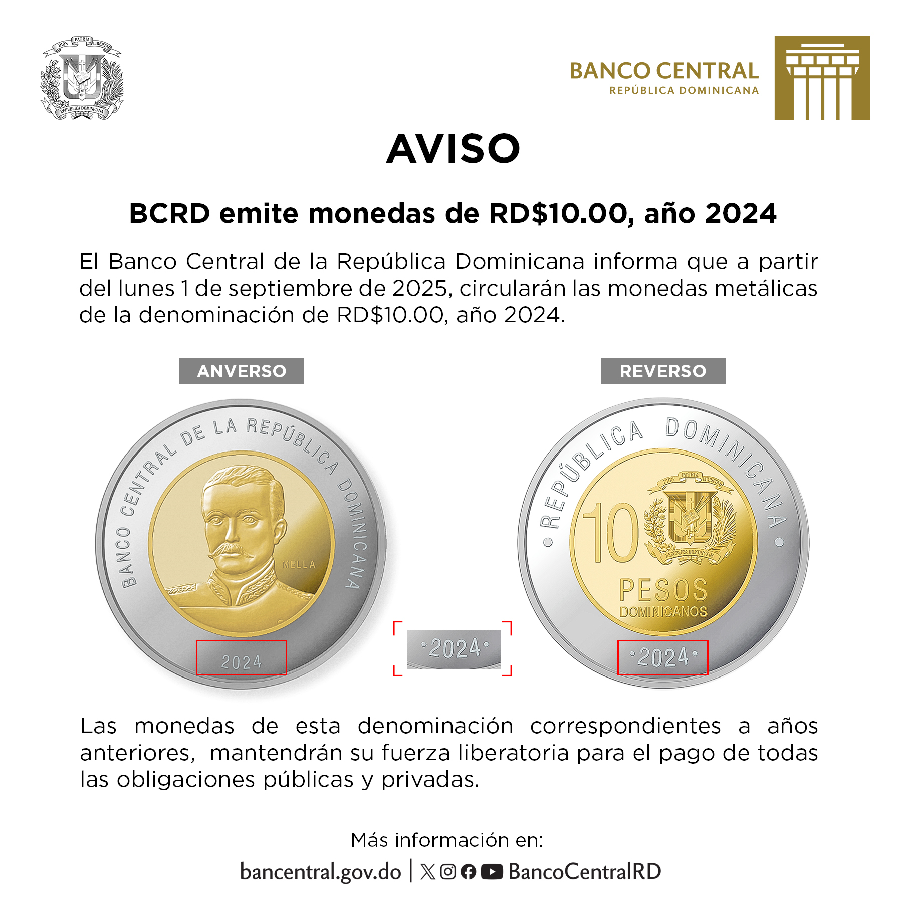 Nuevas monedas de 10 pesos comienzan a circular en RD