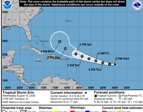 Tormenta Tropical Erin se intensifica en el Atlántico