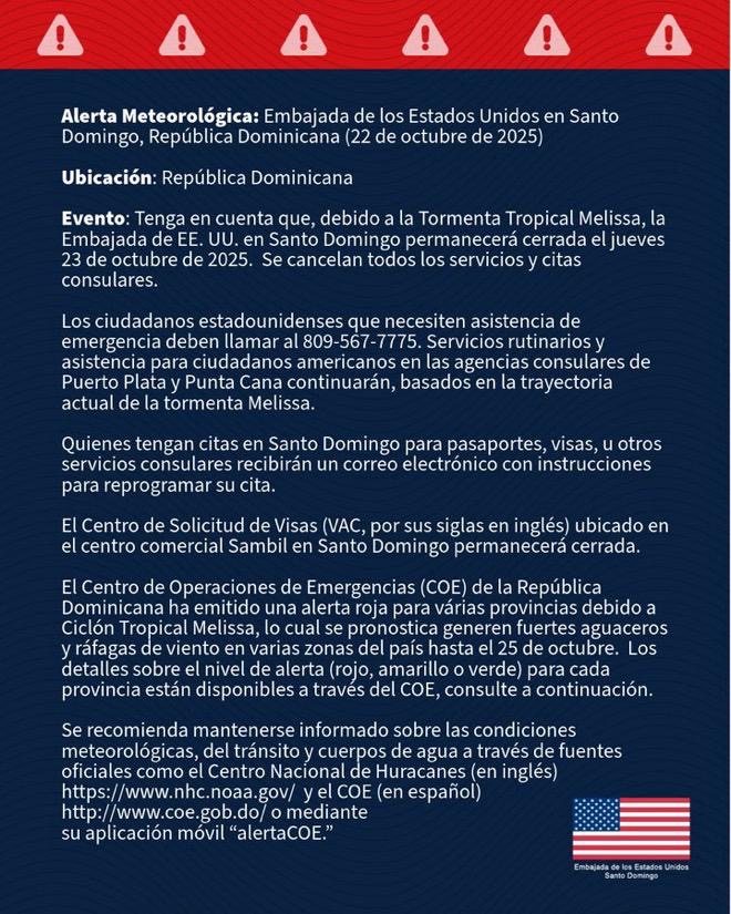 Embajada de EE.UU. en Santo Domingo cierra este jueves por la tormenta Melissa
