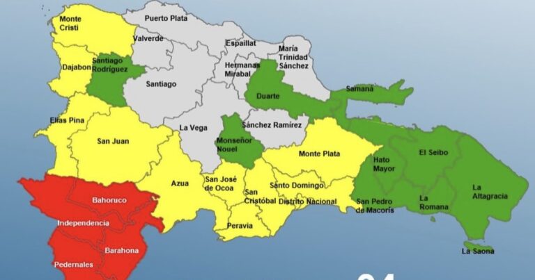 COE mantiene cuatro provincias en alerta roja, eleva a Santo Domingo y otras diez provincias a amarilla por persistencia de lluvias 