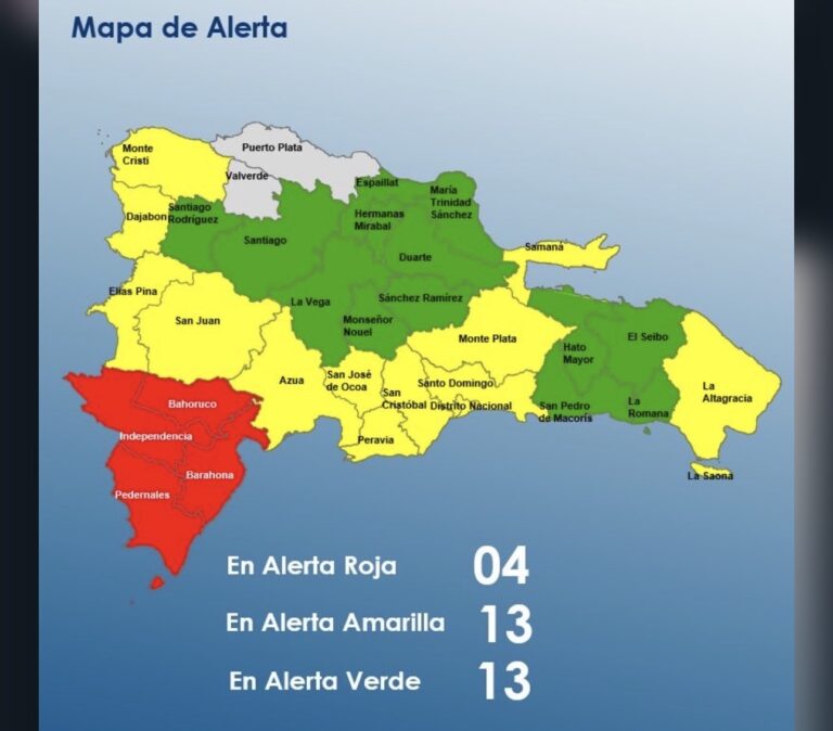 El DN y 27 provincias siguen en alerta roja, amarilla y verde por Melissa, solo Puerto Plata y Valverde están fuera