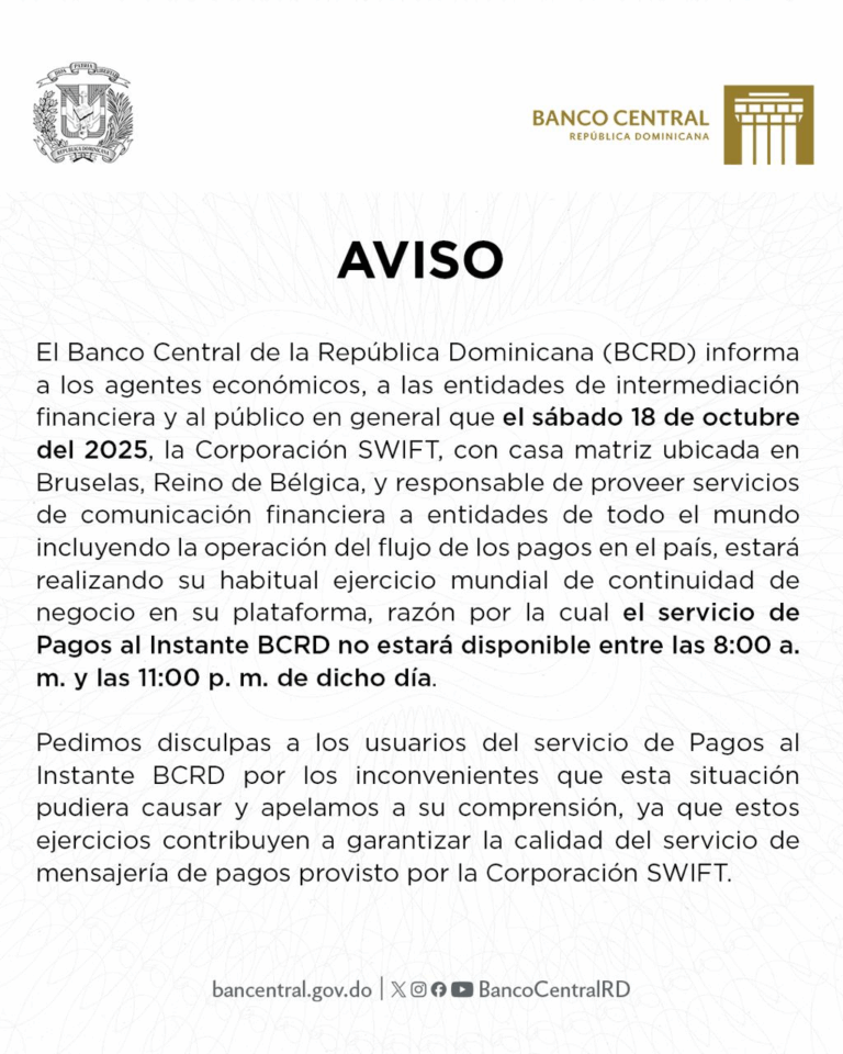 Servicio de Pagos al Instante del BCRD estará suspendido el sábado 18 por mantenimiento global de SWIFT