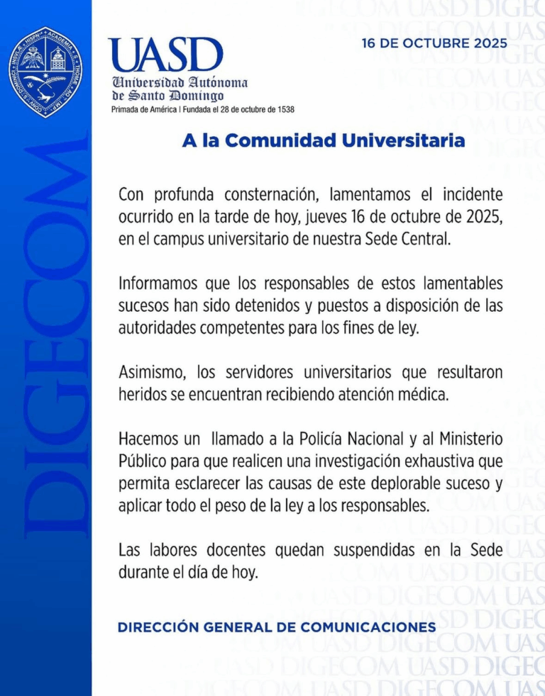 UASD suspende docencia tras incidente violento y exige investigación exhaustiva