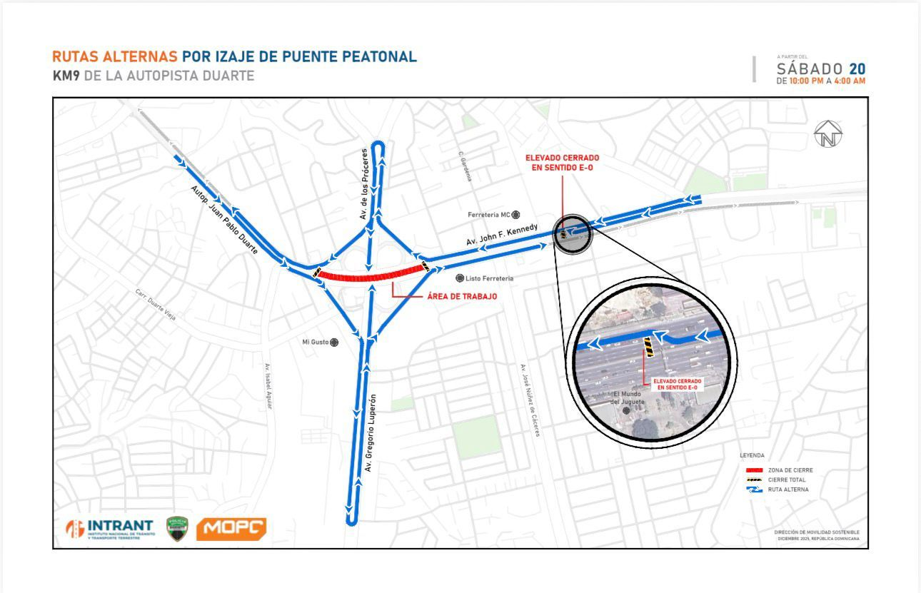 Obras Públicas realizará cierre nocturno de Kilómetro 9 de la Autopista Duarte, este sábado