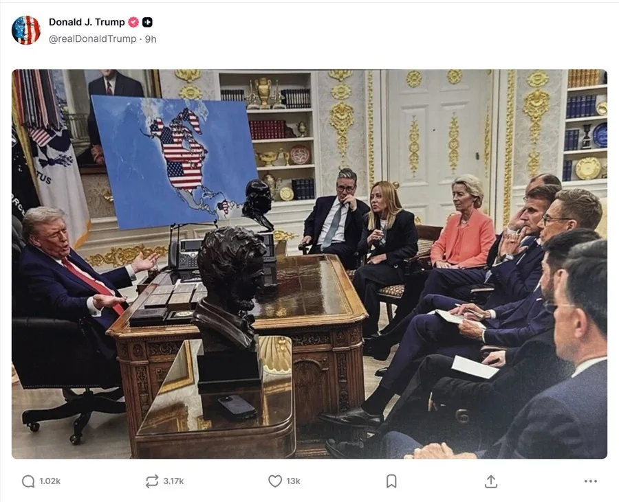 Trump causa revuelo con una imagen de IA que anexa Canadá, Groenlandia y Venezuela a EE. UU.