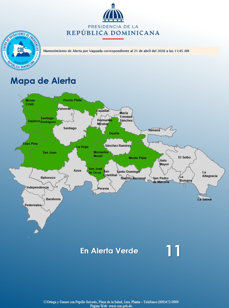 Alerta Verde por Lluvias en 11 Provincias de R.D.