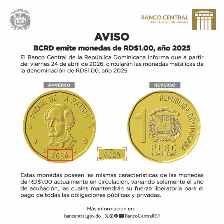 Banco Central pone en circulación monedas de RD$1 del año 2025