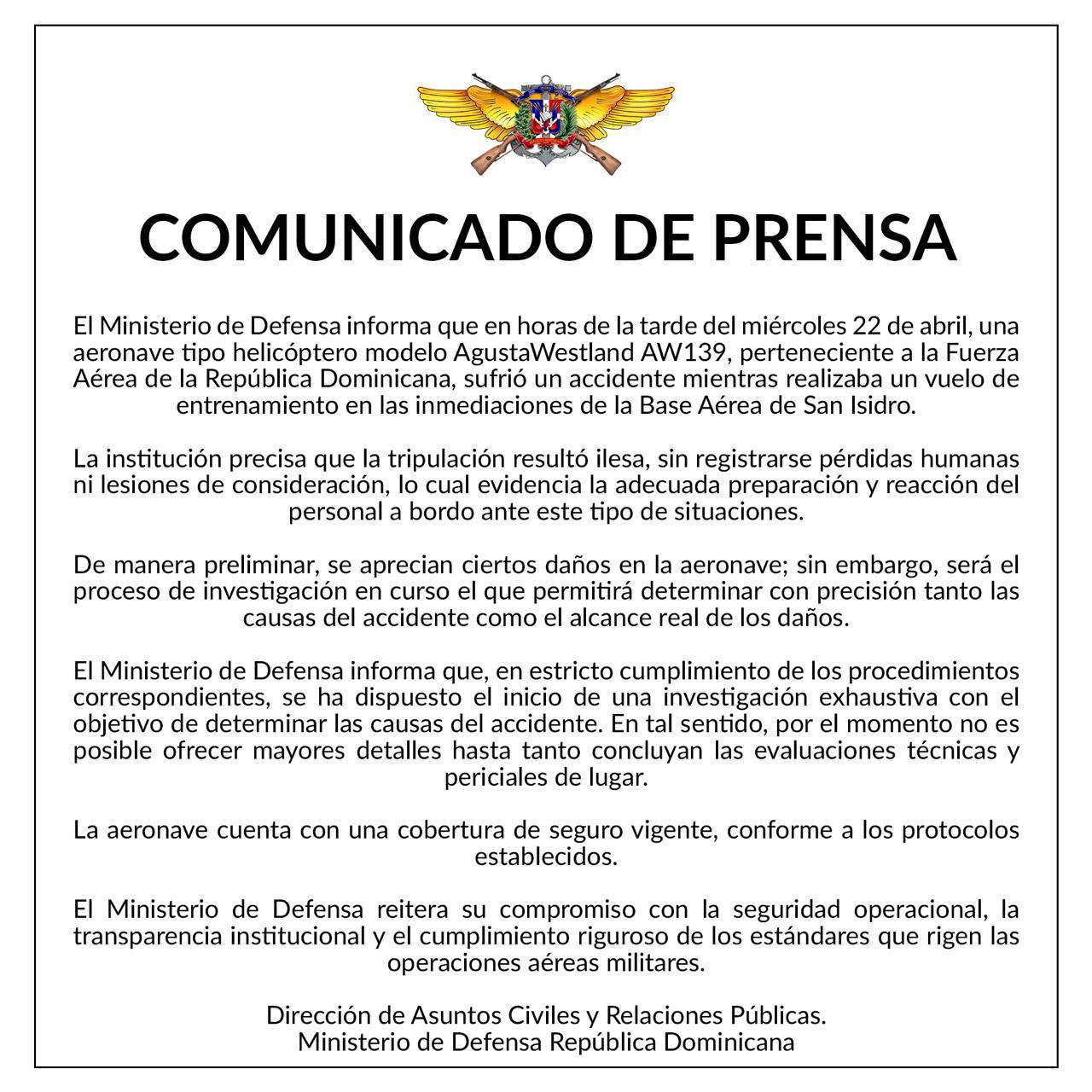 Accidente de helicóptero en San Isidro: tripulación ilesa