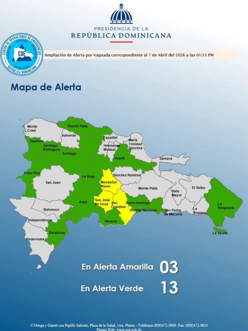 COE eleva a 16 el número de provincias en alerta, debido a la incidencia de una vaguada en el territorio nacional