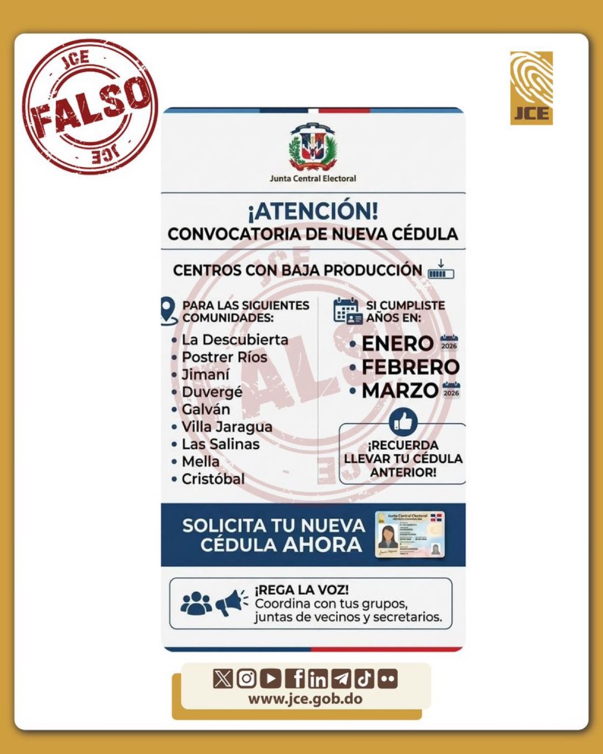JCE informa es falso comunicado circula en las redes llamando a ciudadanos de 8 municipios acudir a renovar cédula