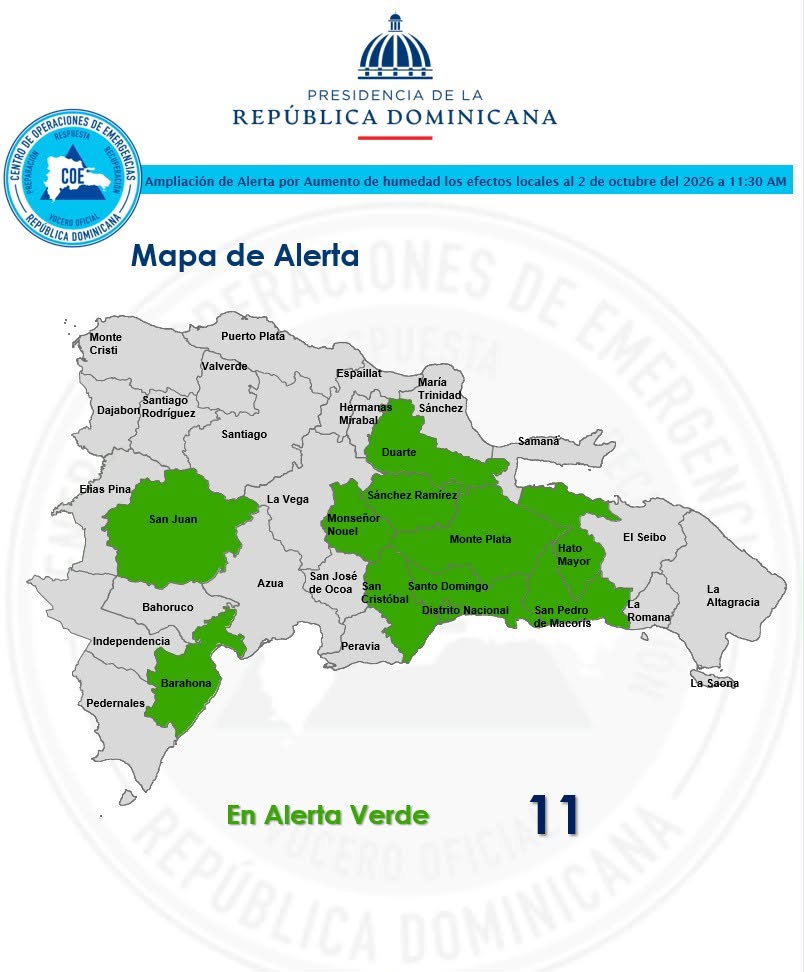 COE eleva a 11 las provincias en alerta verde por aguaceros asociados a una onda tropical y a una vaguada