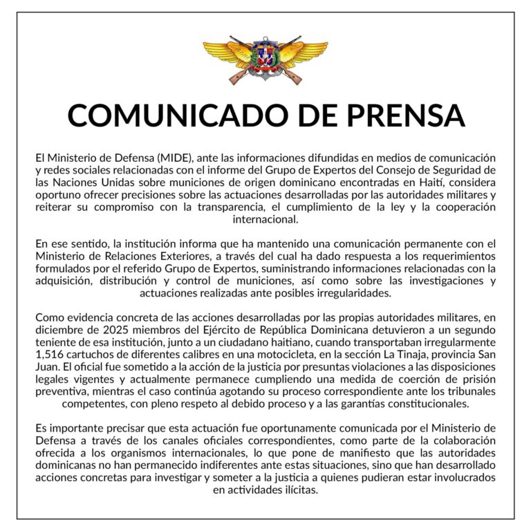 Ministerio de Defensa aclara informaciones sobre municiones encontradas en Haití y reafirma compromiso con la transparencia, la justicia y el control del material bélico
